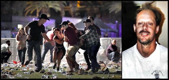 Civilian first responders carrying a wounded victim, and the killer, Stephen Paddock